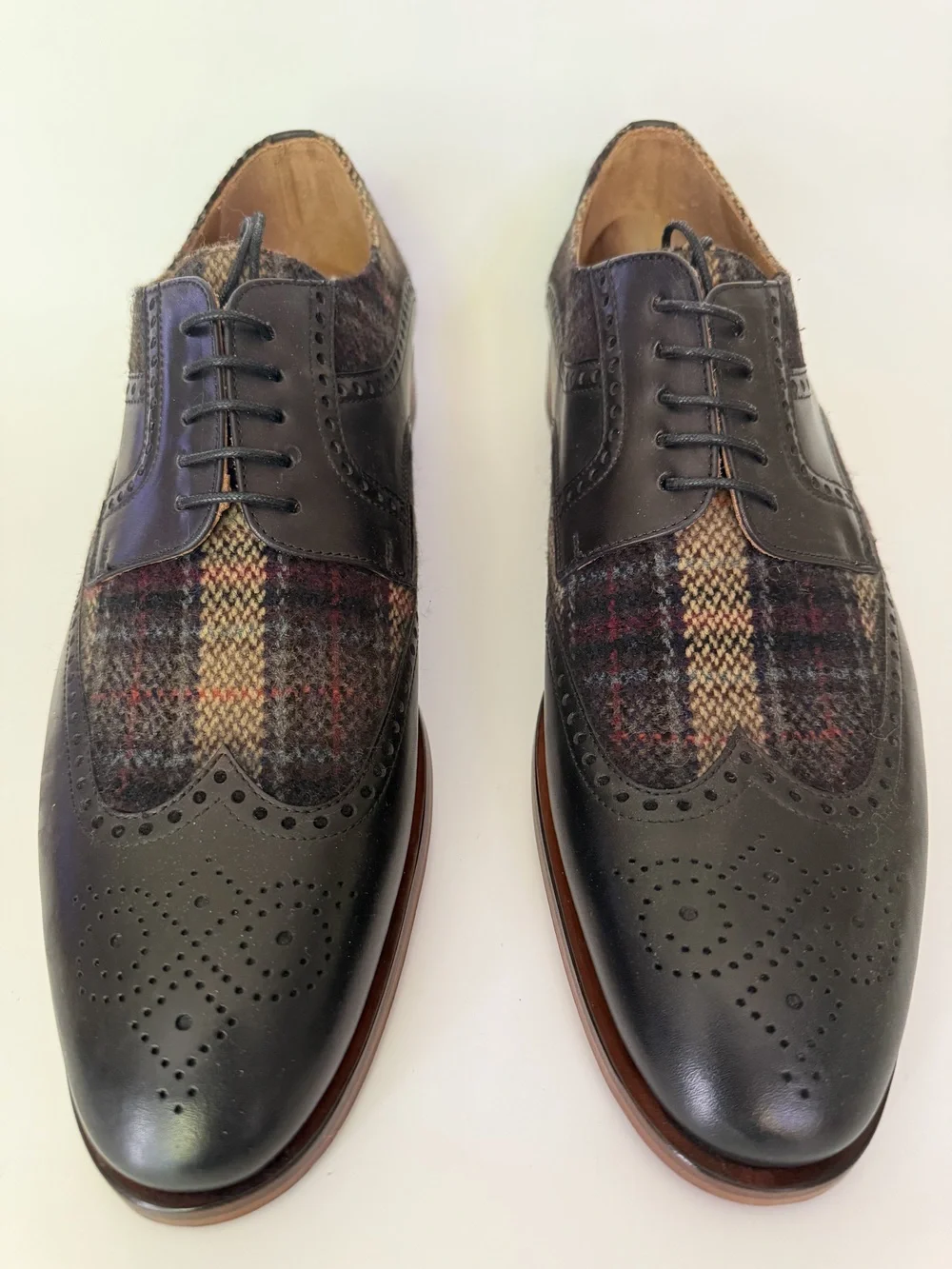 TAFT The Wallace Wingtip Oxford Black Leather Brown Tartan Plaid EU 45